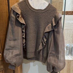 Design History Brown Ruffled Knit Sweater with Sheer Sleeves
